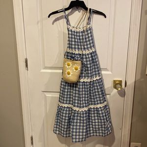 BNWT ISAAC MIZRAHI Girls Size 8 Blue Checkered Sundress and Bucket Bag Bundle